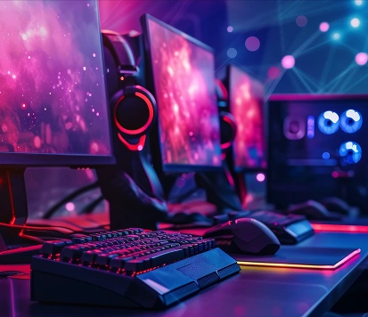 Komputery do gier z neonowym oświetleniem i sprzętem gamingowym