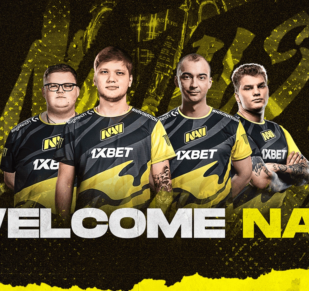 Zawodnicy zespołu Natus Vincere w strojach na banerze promocyjnym