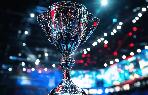 Błyszczące trofeum na podium turnieju esportowego oświetlone jasnymi lampami