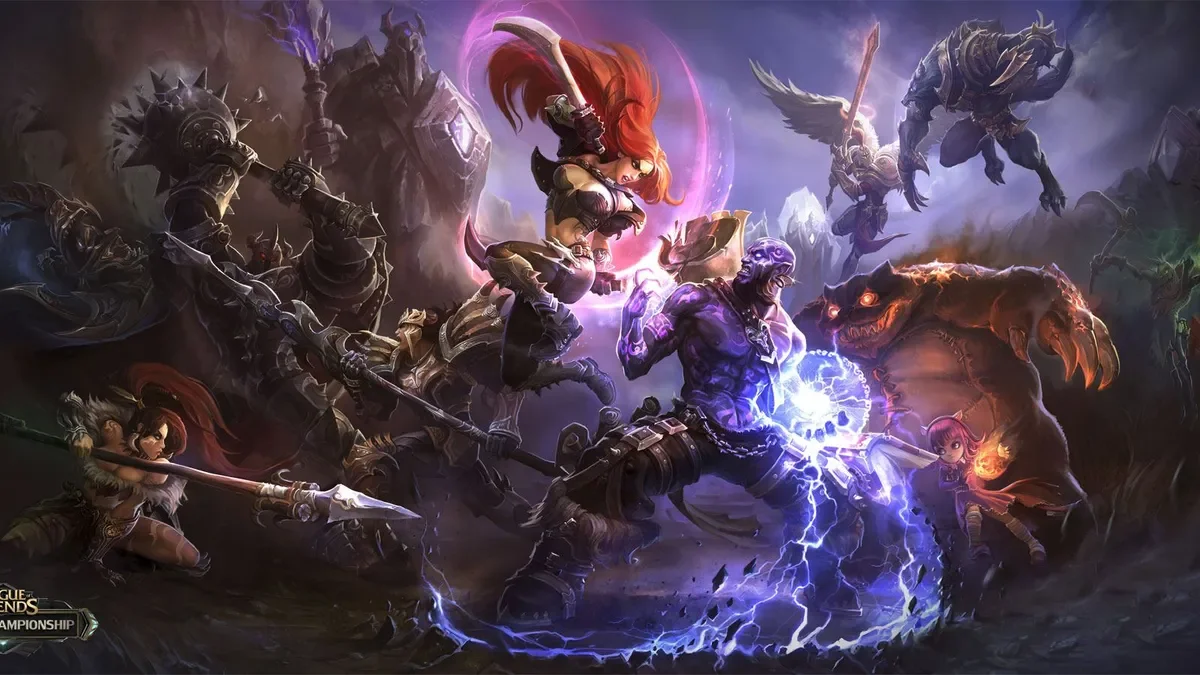 Postacie z League of Legends walczą w dynamicznej fantastycznej bitwie z magią i bronią